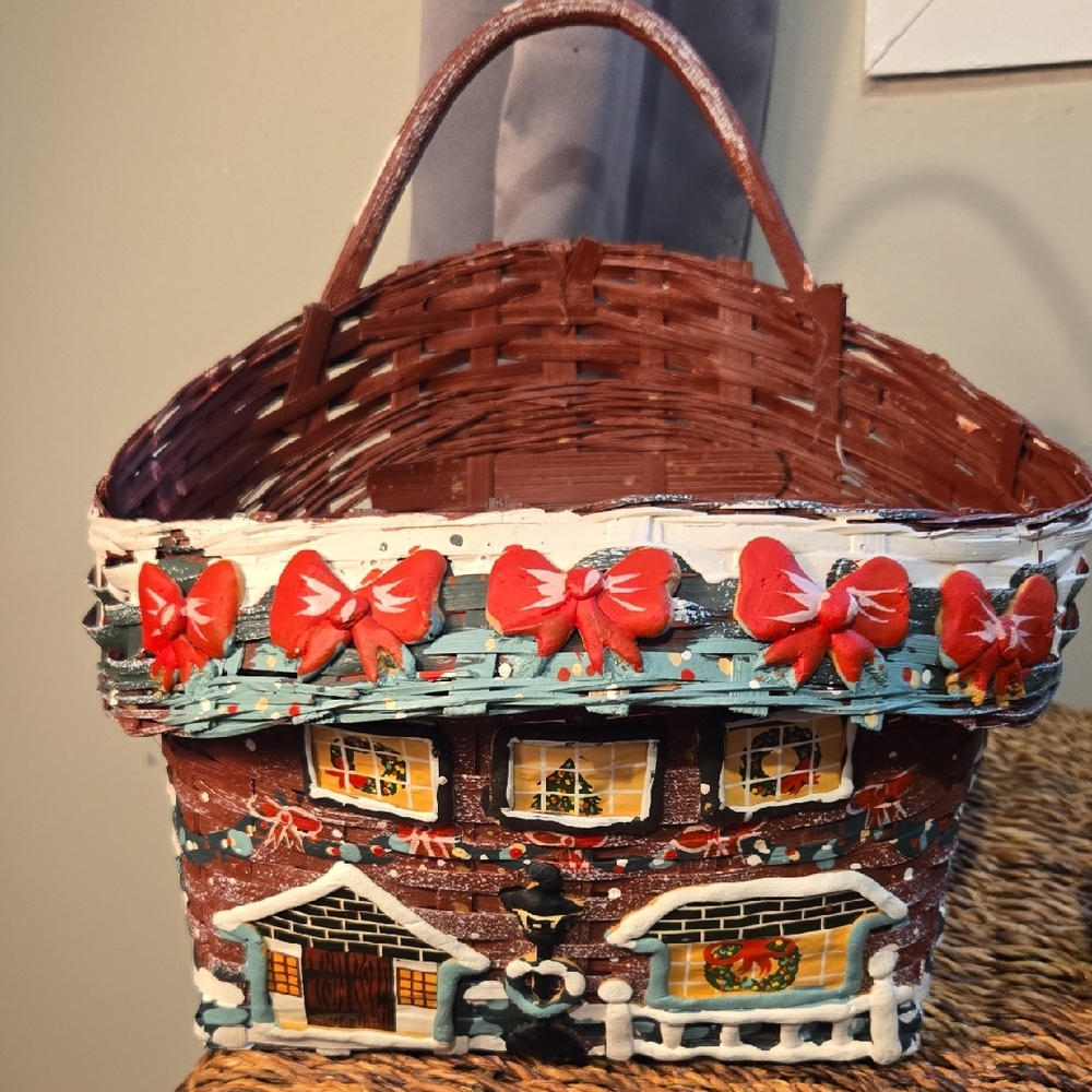 Charming Handpainted Christmas Town Hanging Or Standing  Basket